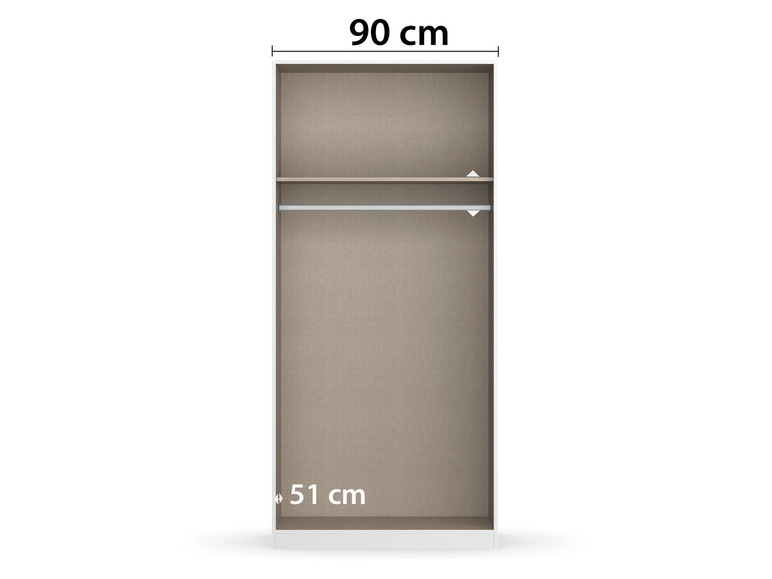 Ein weißer Kleiderschrank mit Kleiderstange und Regal.