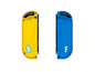 Gelbe und blaue Nintendo Switch Joy-Con Controller mit Mama Nana und F-Logo.
