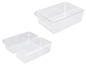 Drei transparente Aufbewahrungsboxen mit Griffen.
