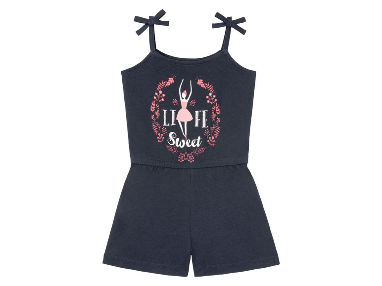 Ein dunkelblauer Strampler mit einem Ballerina-Druck und dem Text 'Life Sweet'.