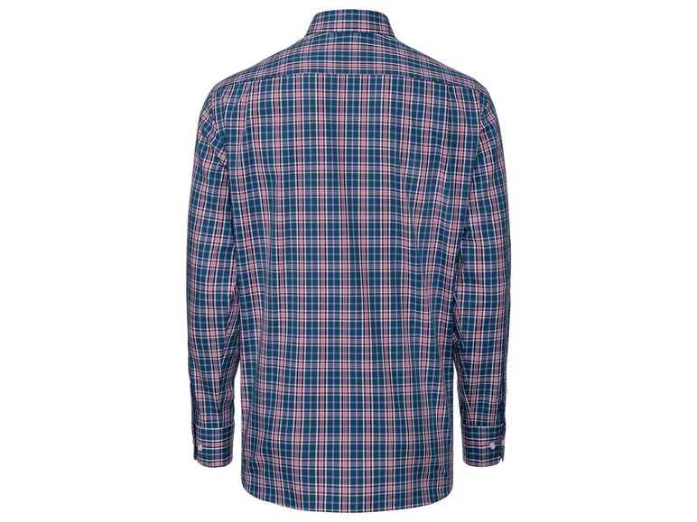 Ein blau-rotes kariertes Hemd mit langen Ärmeln.