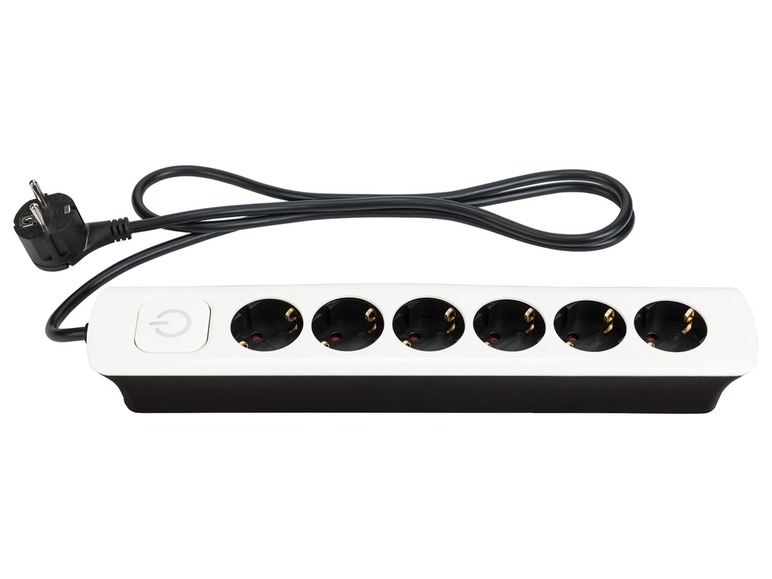 Weisse Steckdosenleiste mit sechs Steckdosen und einem Ein-/Ausschalter.