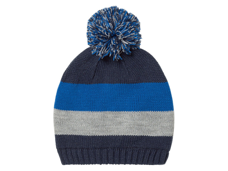 Eine blaue Strickmütze mit Bommel.