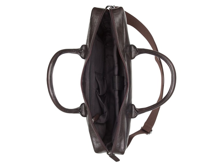 Eine geöffnete braune Leder Aktentasche mit Griffen und Schultergurt.