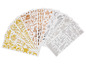 Goldene und silberne Sticker mit verschiedenen Mustern, darunter Sterne, Tiere, Zahlen und Text.