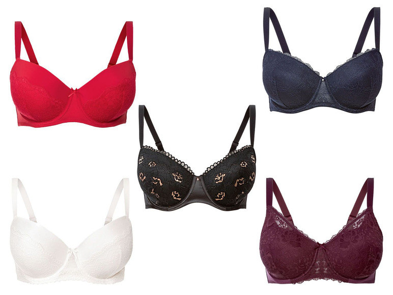 Vier BHs in verschiedenen Farben und Stilen, darunter schwarz, weiß, rot und dunkelblau.