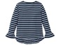 Ein gestreiftes, dunkelblaues Langarmshirt mit Rüschen am Saum.