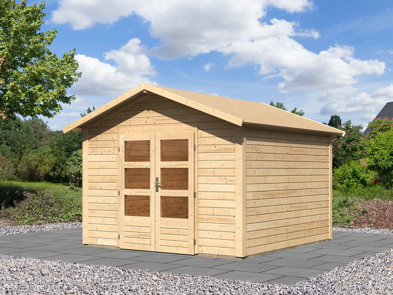 Ein Holz-Gartenhaus mit Glastüren.