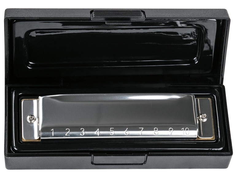 Eine silberne Mundharmonika in einem schwarzen Etui.