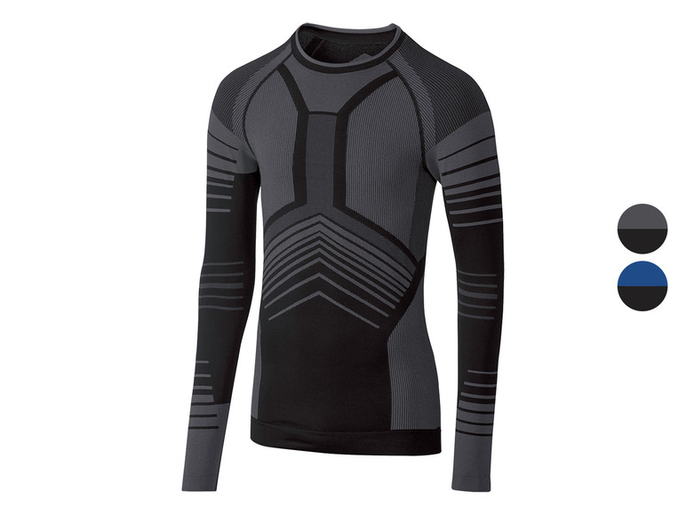 Ein schwarzes langärmeliges Unterhemd mit grauem Design, erhältlich in verschiedenen Farben.