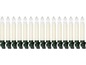 Eine Reihe von 15 weißen LED-Kerzenlichtern mit grünen Clips.