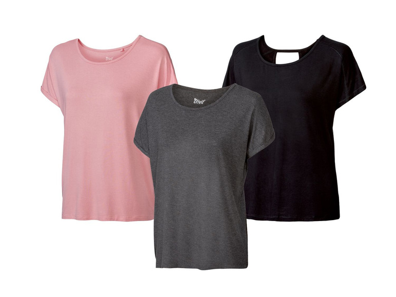 Drei T-Shirts der Marke 'Livit' in rosa, grau und schwarz.