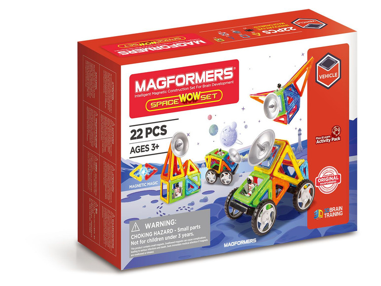 Magformers Space Wow Set mit 22 magnetischen Bausteinen für Fahrzeuge.