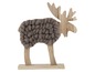 Ein Holz-Rentier mit einem gestrickten Fell.