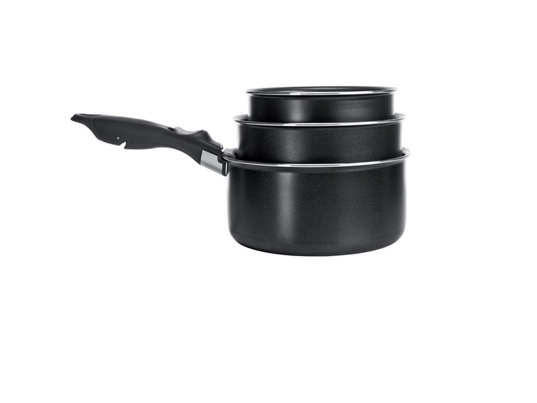 Ein Satz mit drei schwarzen Töpfen mit schwarzem Griff.