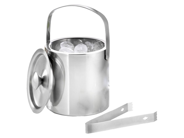Ein Eiseimer aus Edelstahl mit Deckel und Zange.