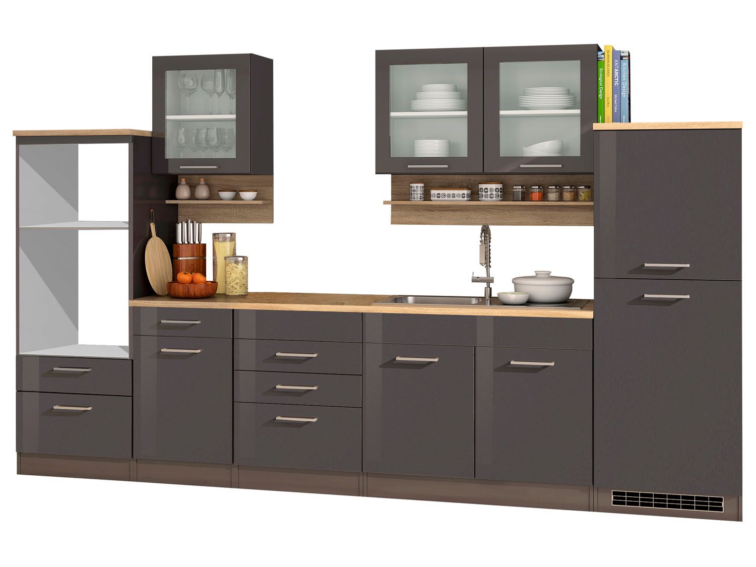 HELD Küchenzeile Mailand 220-390cm (ohne E-Geräte, Hochglanz-grau/eiche sonoma, 330 cm) | 04251639434605