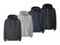 Vier verschiedene Kapuzenpullover mit Reißverschluss in Grau, Dunkelblau und Schwarz.