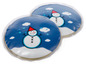 Zwei runde, blaue Wärmepads mit einem Schneemannmotiv.