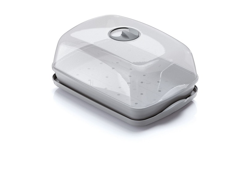 Ein graues Plastikgewächshaus mit einem durchsichtigen Deckel.