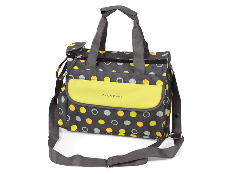 Eine graue Wickeltasche mit gelben Punkten von Chic4Baby.