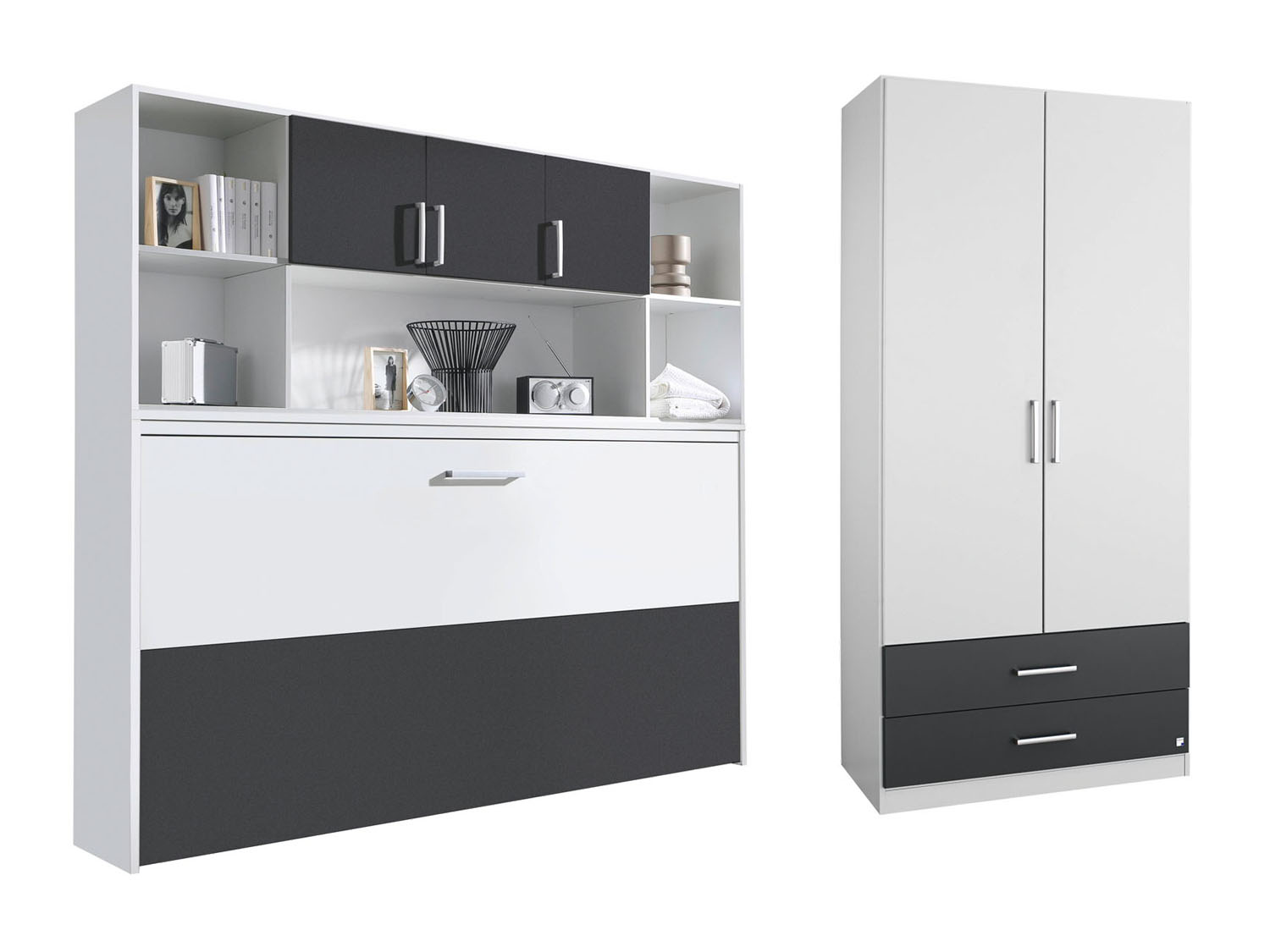 rauch ORANGE ALBERO Querklappbett mit Regalelement und Schrank (Schrank: 2-türig, Alpinweiß, Grau-metallic) | 04052438158897