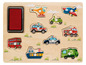 Holzp puzzle mit Fahrzeugen wie einem Bus, einem Flugzeug und einem Müllwagen.