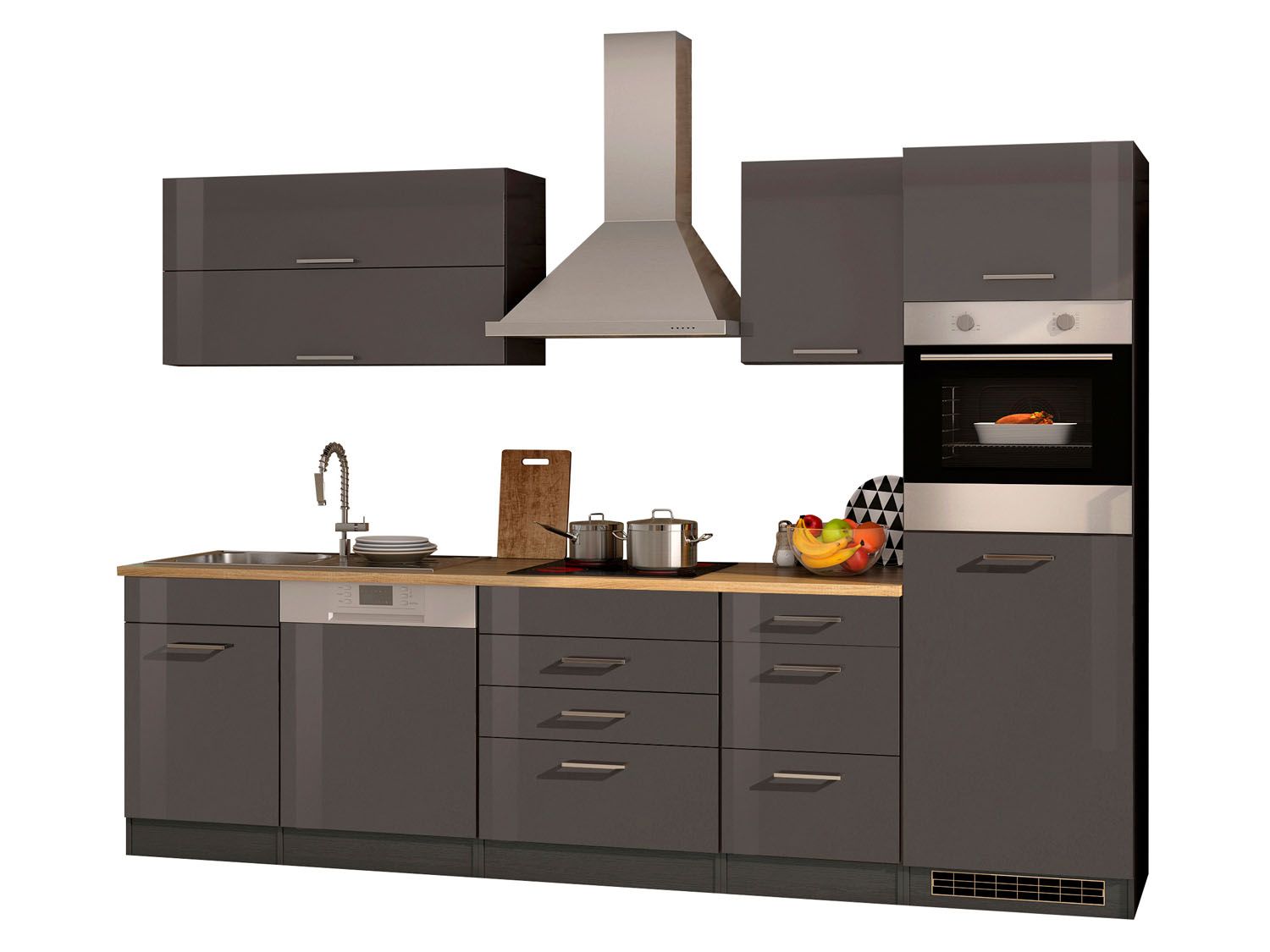 HELD Küchenzeile Mailand 220-390cm (inkl.E-Geräte/ohne Kühlschrank, Hochglanz-grau/eiche sonoma, 300 cm) | 04251639434841