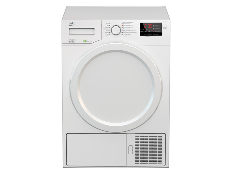 Ein weißer Beko Trockner mit großem Display.