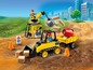 Lego-Set mit einem gelben Bulldozer, einem Betonmischer und einem Kran.