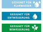 Drei Piktogramme mit Wassertropfen und einer Pflanze, die angeben, ob ein Produkt für sauberes Wasser, Entwässerung oder Bewässerung geeignet ist.