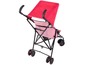 Ein rosa Kinderwagen mit rotem Verdeck.