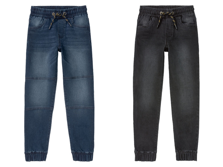 Zwei Paar Jeans mit elastischem Bund und Beinabschlüssen.