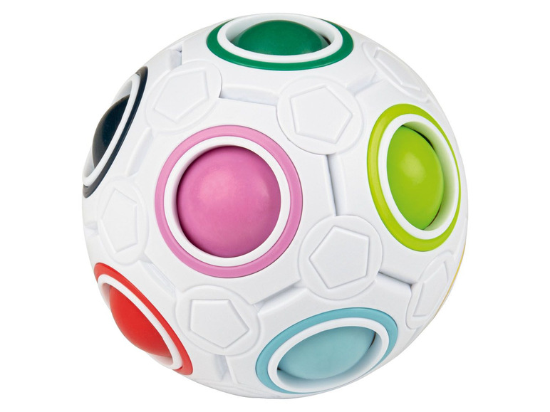 Ein weißer Fidget-Ball mit bunten Knöpfen.