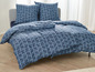 Blaue Bettwäsche mit geometrischem Muster.