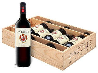 6 x 0,75-l-Flasche Château d'Aiguilhe Castillon Côtes de Bordeaux, Rotwein 2019 - Original-Holzkiste