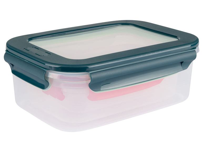 Eine transparente Plastik-Aufbewahrungsbox mit einem dunkelgrünen Deckel.