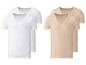 Zwei Paar V-Ausschnitt-T-Shirts, weiß und hautfarben.