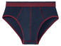 Ein Paar dunkelblaue Unterhosen mit rotem Bund.