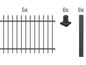 Schwarze Metall-Zaunfelder mit Spitzen, schwarze Pfosten und Befestigungswinkel.