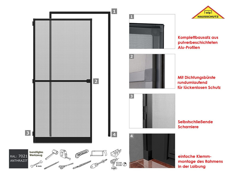Gehe zu Vollbildansicht: wip Sparset - Insektenschutz-Tür inkl. Universal-Klemmzarge Komplettbausatz B 125 x H 245 cm - Bild 3