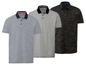 Drei Livergy Poloshirts: gestreift, grau mit Druck und schwarz mit glatter Textur.