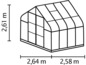 Ein Schema eines Gewächshauses mit Maßen.