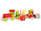 Ein Spielzeug-Holzzug mit Weihnachtsmotiv, mit Blöcken in Form von Geschenken, Weihnachtsbaum und Sternen.