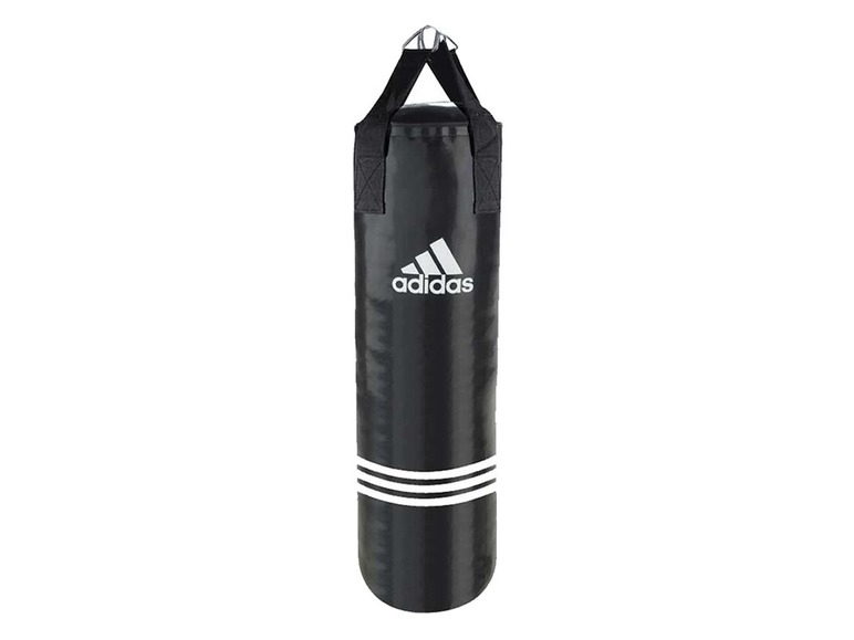 Ein schwarzer Adidas Boxsack mit weißen Streifen.