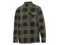 Ein grün-schwarzes kariertes Fleece-Hemd mit langen Ärmeln.