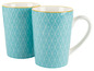 Zwei blaue Tassen mit Rautenmuster.