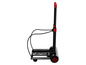 Ein schwarzer faltbarer Handwagen mit roten Griffen.