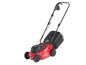 Rote Elektro-Rasenmäher mit schwarzen Griffen.