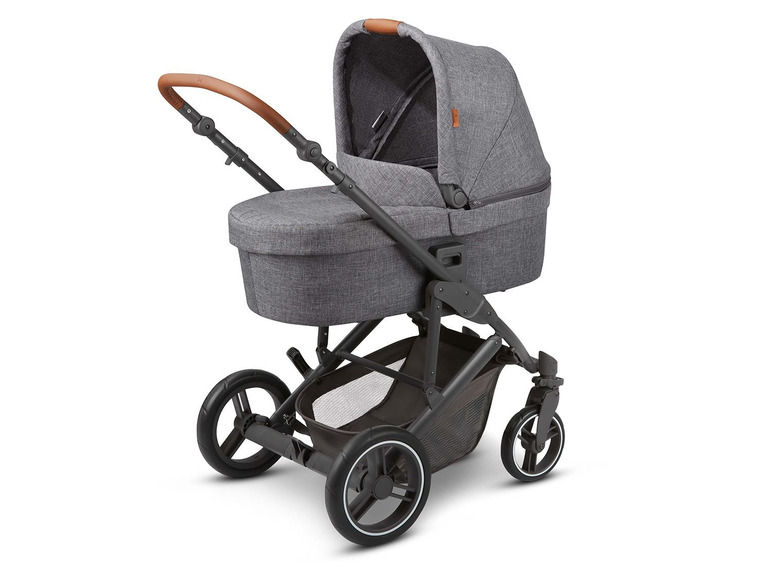 Ein grauer Kinderwagen mit einem braunen Ledergriff.